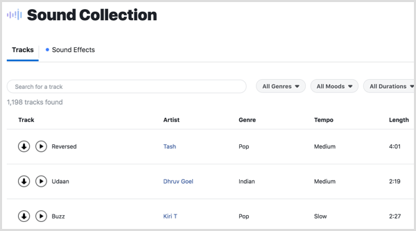 Изтеглете музикални записи и звукови ефекти от Facebook Sound Collection.