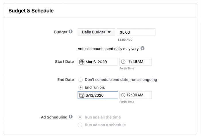 Раздел Бюджет и график на ниво рекламен набор във Facebook Ads Manager