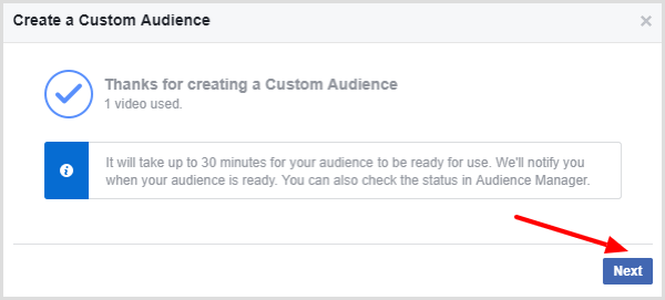 Facebook показва съобщение, което потвърждава, че потребителската аудитория на вашето видео е готова.