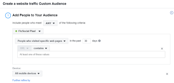 Използвайте инструмента за настройка на събития във Facebook, стъпка 17, настройки, за да създадете потребителска аудитория за трафик на уебсайт във Facebook, базирана на устройство