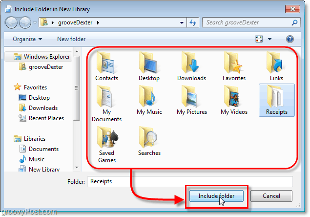 изберете папка, която да включите в библиотеките на Windows 7