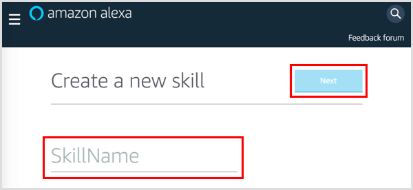 Въведете име за вашето умение Alexa.