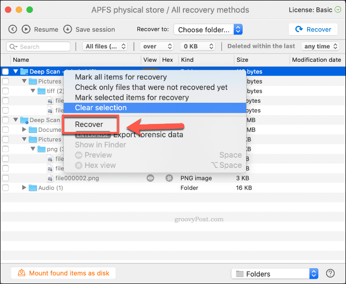 Възстановяване на изтрити файлове в Disk Drill на macOS