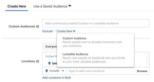 Опции за използване на персонализирана аудитория или подобна на нея аудитория за водеща рекламна кампания във Facebook.