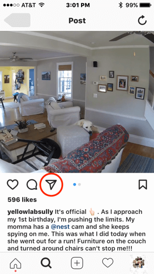 Ако Nest искаше да се свърже с този потребител на Instagram за разрешение да използва съдържанието им, те биха могли да инициират комуникация, като докоснат иконата за директно съобщение.