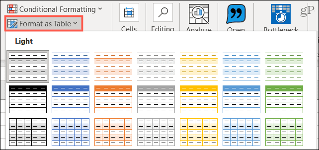 Форматиране като таблица в Excel
