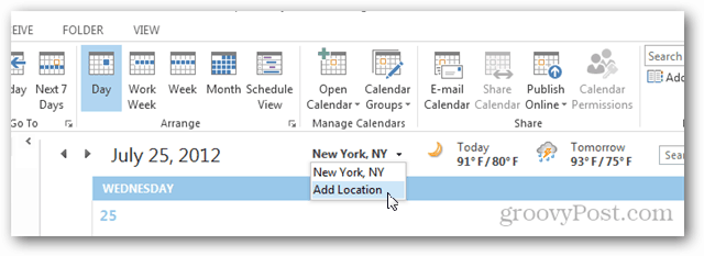 Прогноза за времето в календара на Outlook 2013 - Кликнете върху Добавяне на местоположение