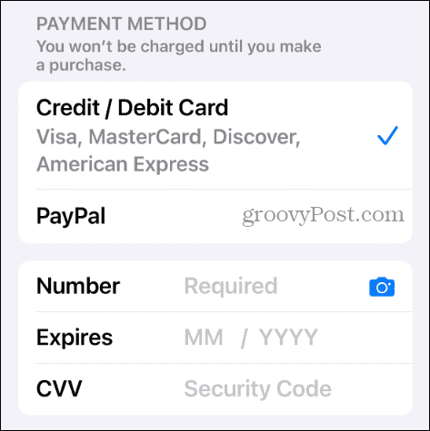 добавете начин на плащане акаунт в Apple