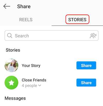 екранна снимка на екрана за публикуване на instagram, показващ раздела за истории, позволяващ барабаните да бъдат споделени във вашата история или близък списък с приятели