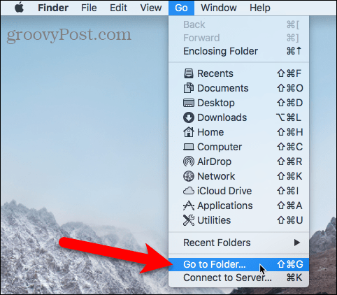 Изберете Отидете на папка в Finder на Mac