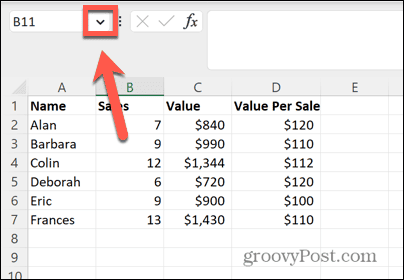 стрелка на полето за име на excel