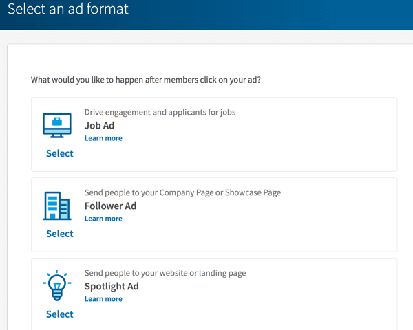 Опции за формат на динамични реклами в LinkedIn.