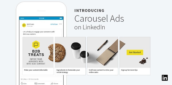 LinkedIn пусна нови реклами с въртележка за спонсорирано съдържание, които могат да включват до 10 персонализирани карти с възможност за плъзгане.
