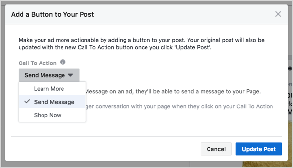 Избор на бутон на Facebook Messenger при създаване на реклама.