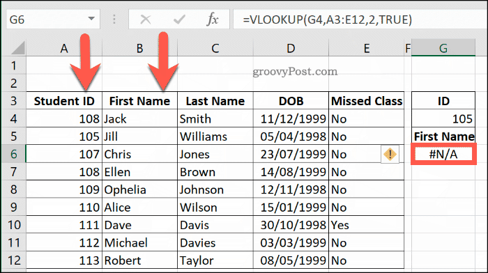 Друг пример за NA грешка с VLOOKUP в Excel, поради това, че диапазонът от данни не е сортиран правилно