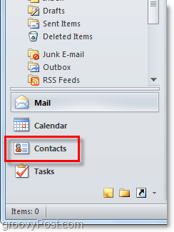 Достъп до списъка с контакти в Outlook 2010