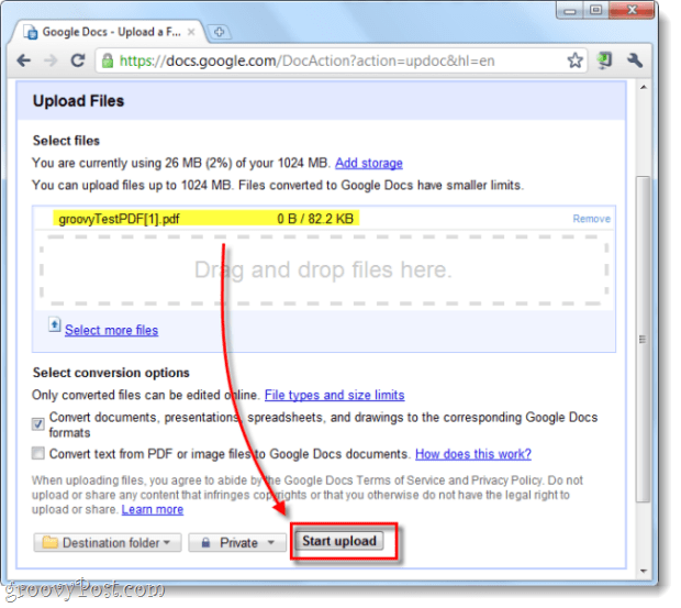 качете URL адрес в Google документи