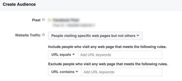 Изградете Facebook персонализирана аудитория от хора, които посещават конкретни страници на вашия сайт.