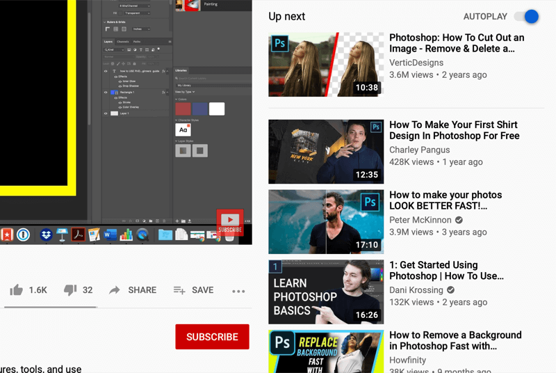 екран за гледане на видео в YouTube, показващ видеоклипове за автоматично пускане от дясната страна на екрана, препоръчано от youtube въз основа на гледаното