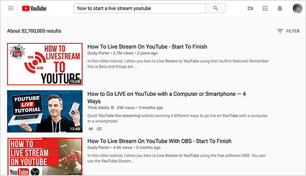 Потърсете в YouTube „как да стартирате YouTube на живо“ и най-добрите резултати от търсенето показват два видеоклипа от Dusty Porter.