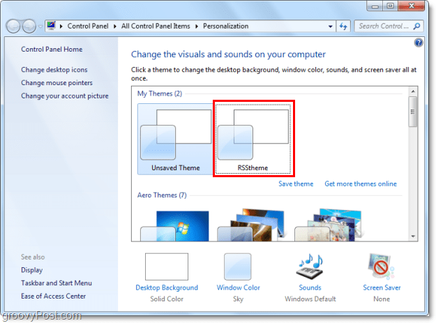 изберете новата си тема за rss в Windows 7
