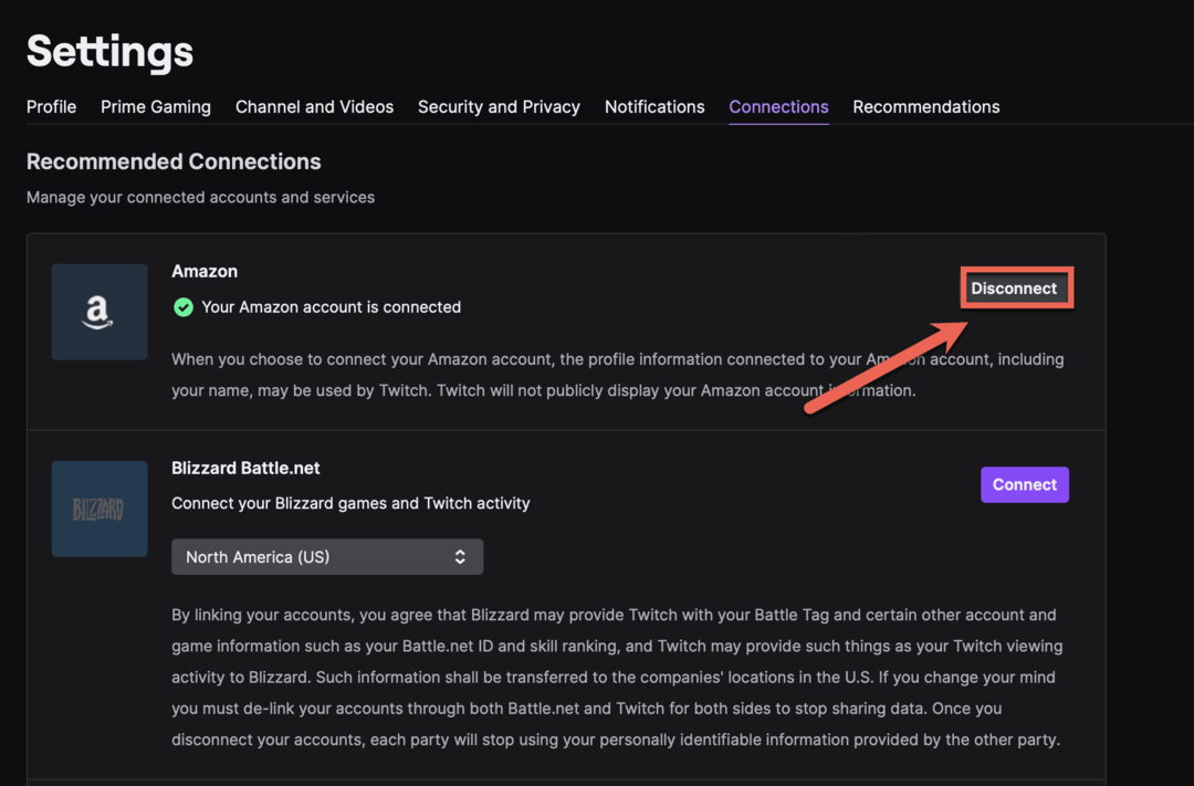 Свържете вашия акаунт в Amazon Prime с Twitch в раздела Connections на вашите настройки на Twitch