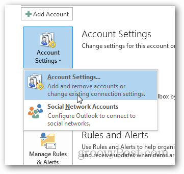 как да създадете pst файл за Outlook 2013 - щракнете върху настройките на акаунта
