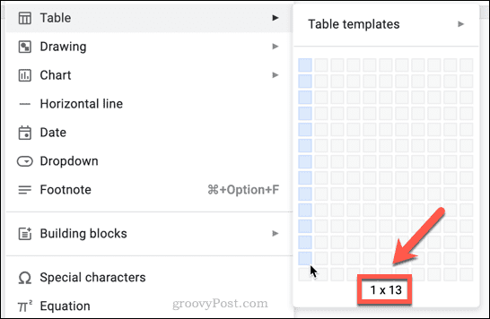 размер на таблицата в google документи