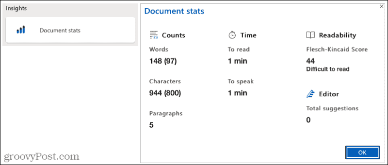 Статистика на документите на Microsoft Editor