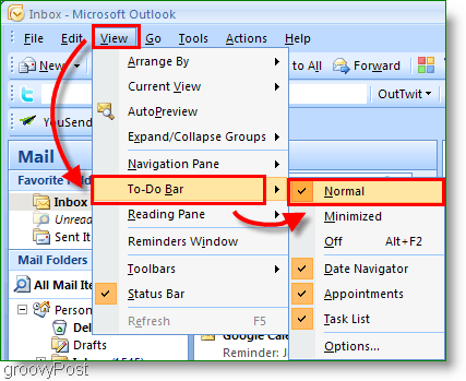 Лента за задачи на Outlook 2007 - Персонализирайте изгледа до нормално