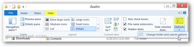 опции на лентата на Explorer променят папките и опциите за търсене в Windows 8