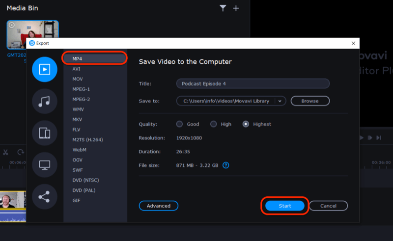 експортирайте видео файл в Movavi Video Editor Plus