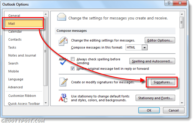 подписи по пощата в опции за Outlook 2010