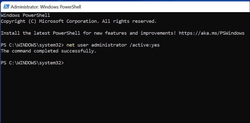 команда за активиране на администраторски акаунт в Windows 11