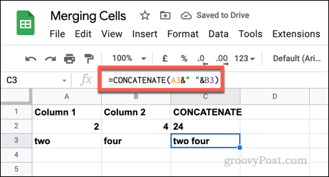 Пример за формула CONCATENATE в Google Sheets, използваща празни текстови низове