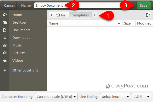 Запишете файла с шаблон на празен документ в папката Шаблони в Ubuntu