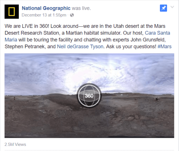 Facebook стартира видеоклип на живо 360 тази седмица с доклад на National Geographic от съоръжението за изследване на пустинята Марс в Юта.