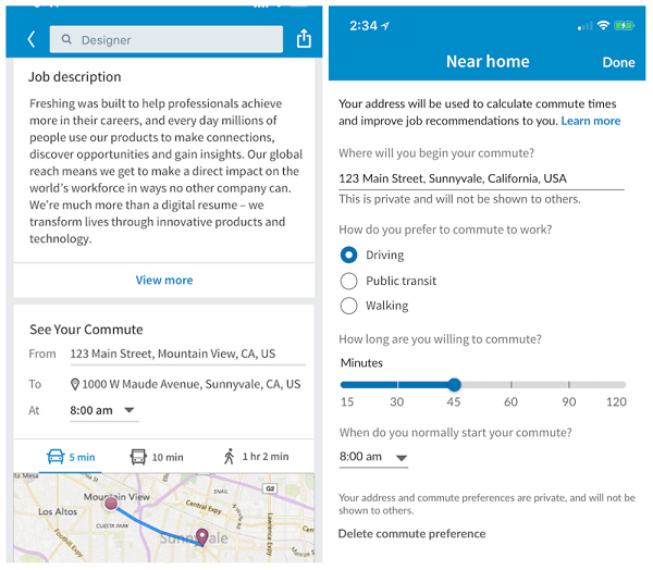 Членовете на LinkedIn вече могат да преглеждат очакваното време за пътуване до работното място в обикновен работен ден от текущото местоположение на устройството си до задания, публикувани в LinkedIn.