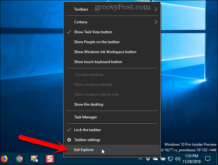 Изберете Exit Explorer от контекстното меню на лентата на задачите в Windows 10