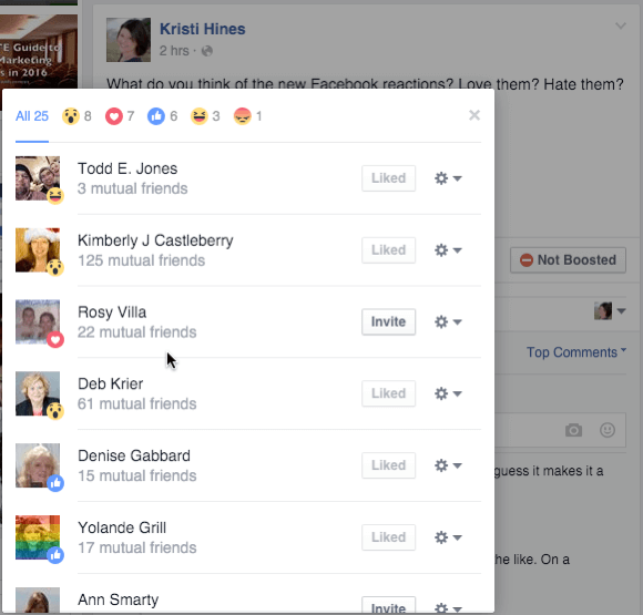 подробности за реакциите във facebook от публикация