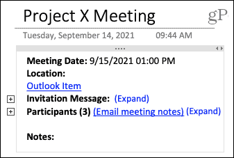 Подробности за срещата в OneNote на Mac