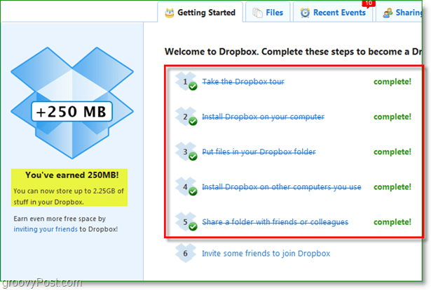 Снимка на Dropbox - 250mb пространство бързо се възнаграждава