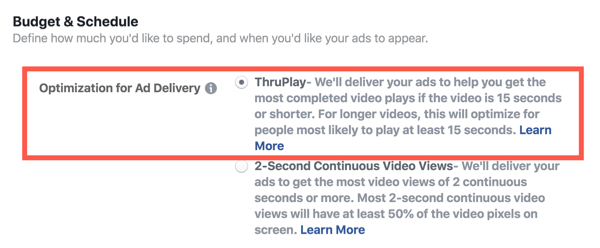Facebook ThruPlay оптимизация за видеореклами, стъпка 2.