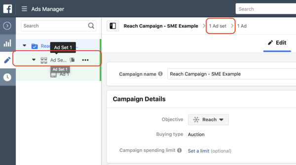 Как да създадете реклами за достигане до Facebook, стъпка 3, настройки за навигация до нивото на рекламния набор на вашата кампания