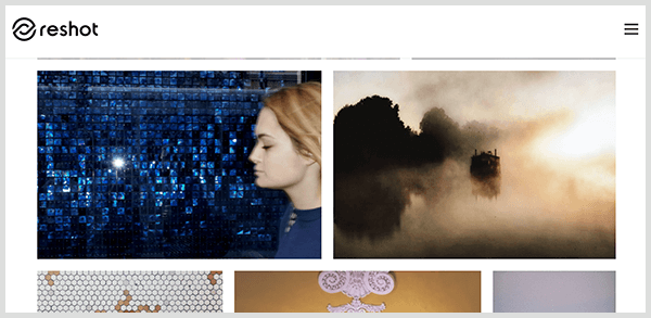 Reshot е сайт за снимки с подбрани изображения. Екранна снимка на фотобиблиотеката на уебсайта на Reshot включва профил на бяла жена с руса коса пред преливащи се сини плочки и мъглив пейзаж със силуети на дървета.