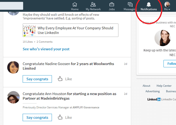 Когато щракнете върху иконата Известия, LinkedIn показва връзки, които наскоро са имали специален повод.