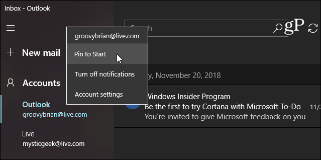 Прикачете приложението за имейл Windows 10 Start Mail