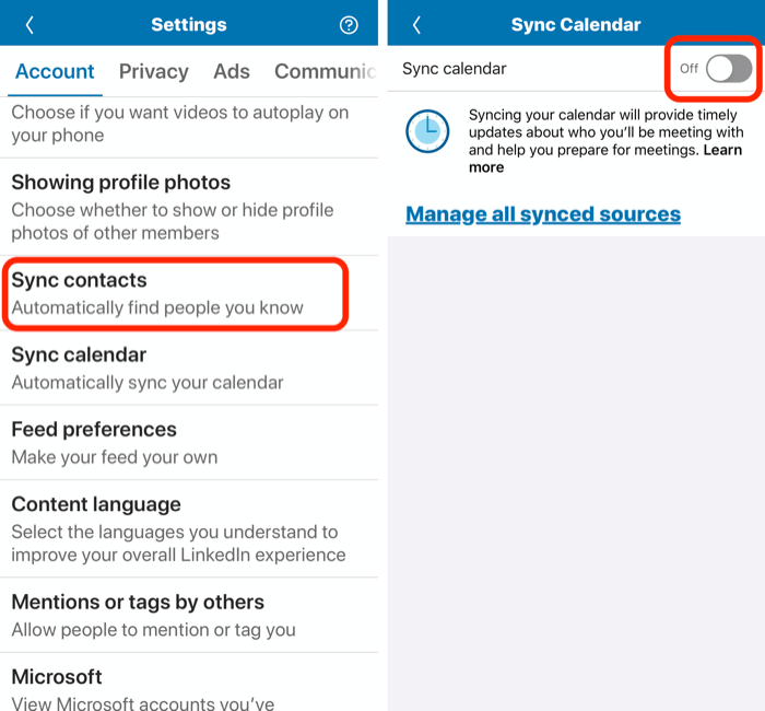 Опция Sync Calendar в настройките на профила в LinkedIn