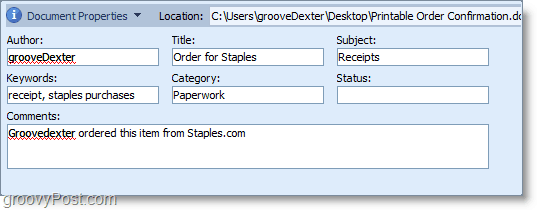 Прозорецът за свойствата на документа в Microsoft Office 2010