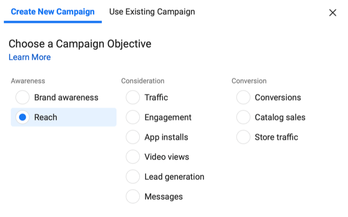 instagram създайте ново меню на кампанията с цел за достигане, избрана под информираност